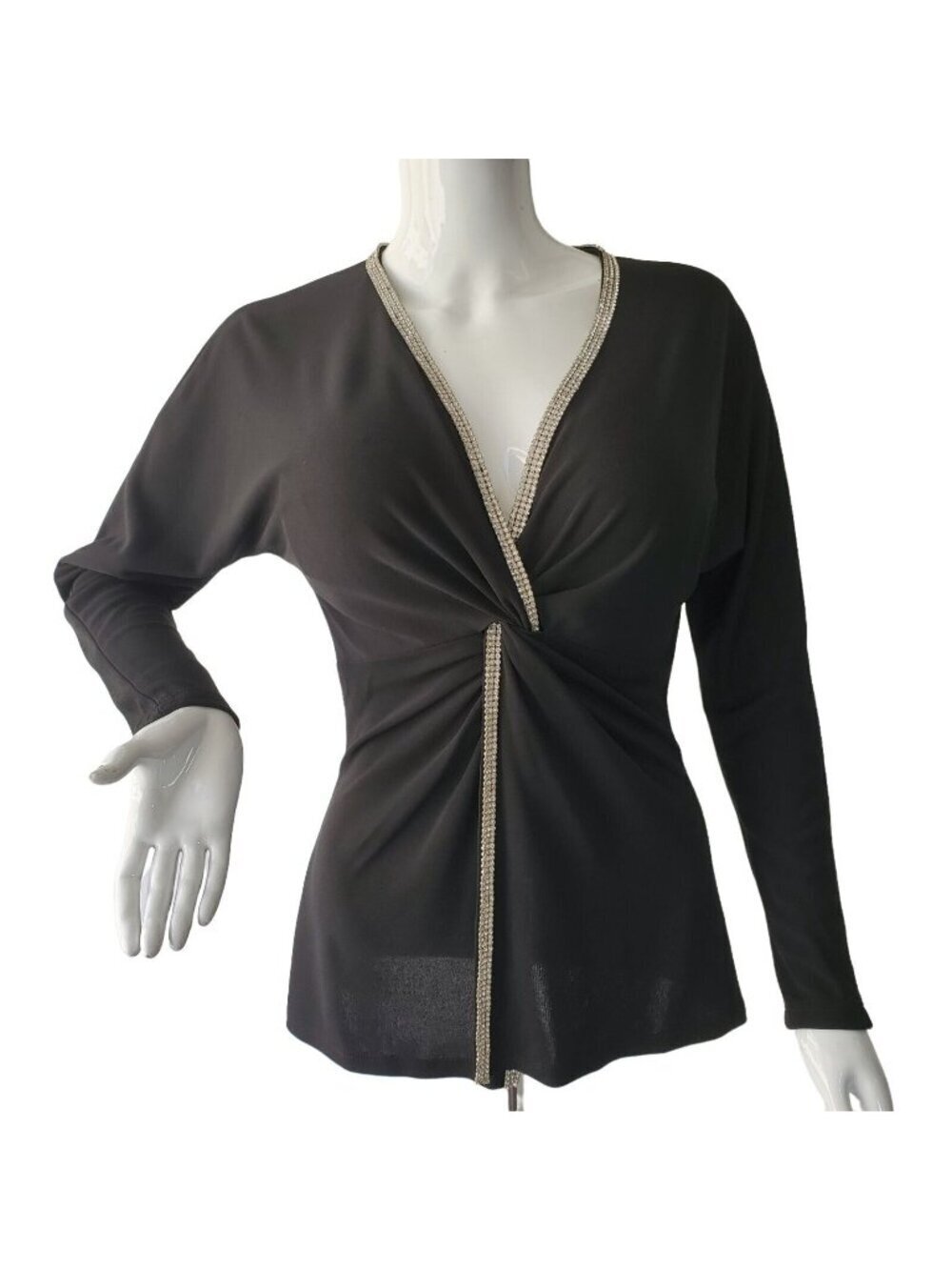 Nicole Bakti Black Rhinestone Twist Front Top Women Sz S Evening Long Sleeve Y2K